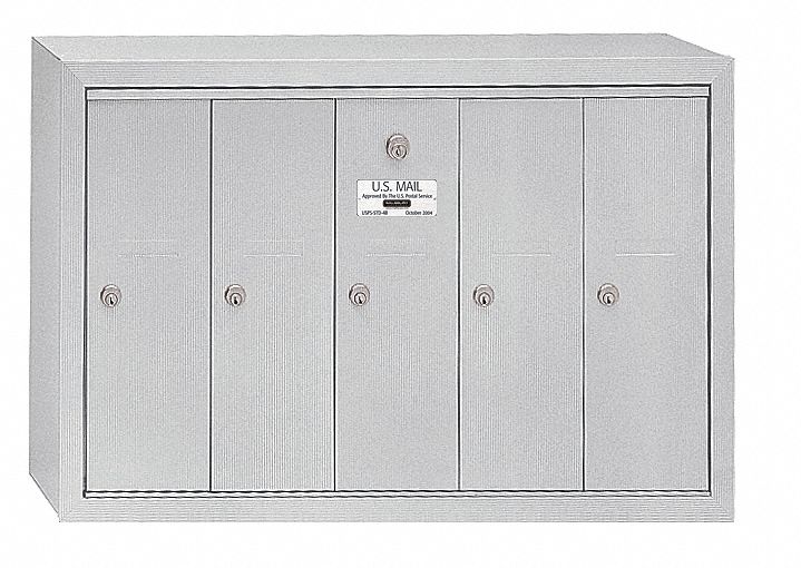 Vertical Mailbox: 5 Doors, Aluminum, Front, Surface, Powder Coated
