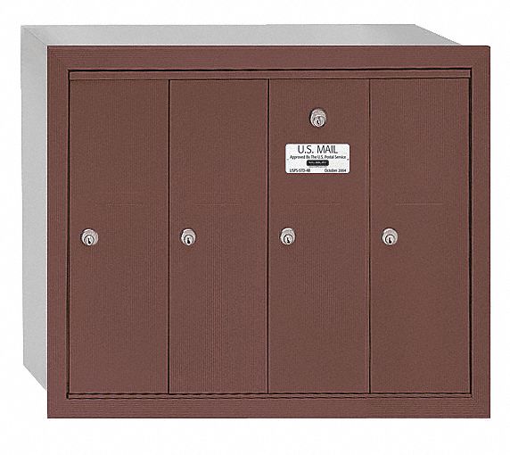 Mailbox: 4B+, 4 Doors, Vertical, 19 in H x 24 3/4 in W x 7 1/2 in D, Recessed Mounting, Lockable