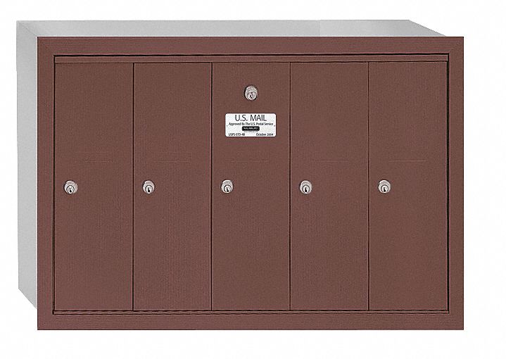 Mailbox: 4B+, 5 Doors, Vertical, 19 in H x 29 3/4 in W x 7 1/2 in D, Recessed Mounting, Lockable