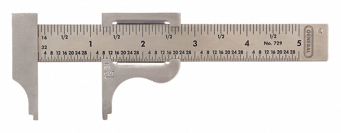 POCKET SLIDE CALIPER, 0 TO 4 IN RANGE, +/-01 IN ACCURACY, 1/16 IN GRADUATIONS, SLIDE