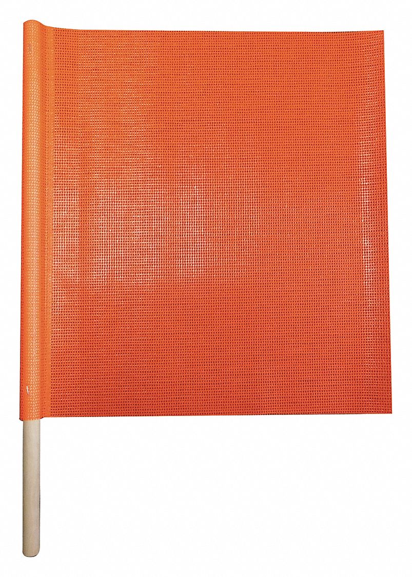 DRAPEAU AVERTISSEMENT PORTABLE,SQ,GOUJON BOIS 24 X¾ PO LARGE,ORANGE FLUOR,18 X 18 PO,MAILLE VINYL