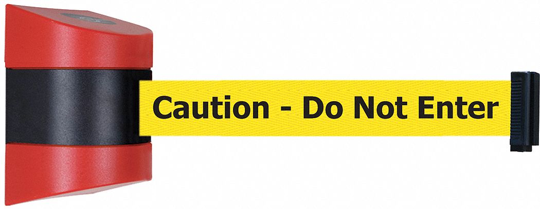 Retractable Belt Barrier: 15 ft Belt Lg, Caution Messaging, Yellow
