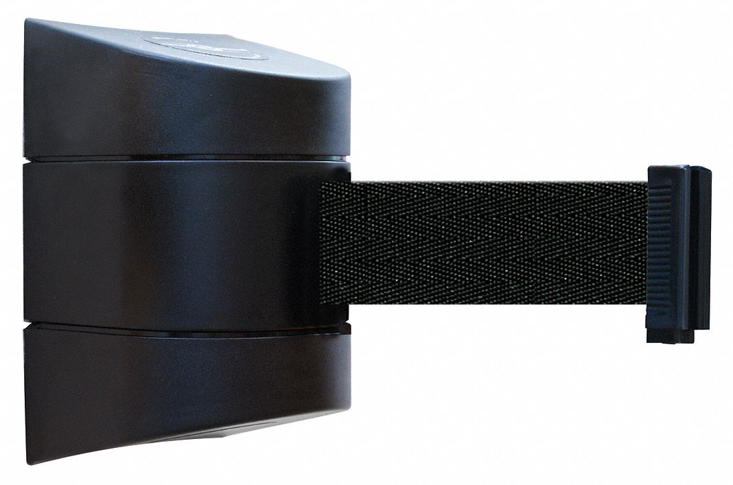 Retractable Belt Barrier: Fixed Mounting Plate, 15 ft Belt Lg, No Pattern, Black