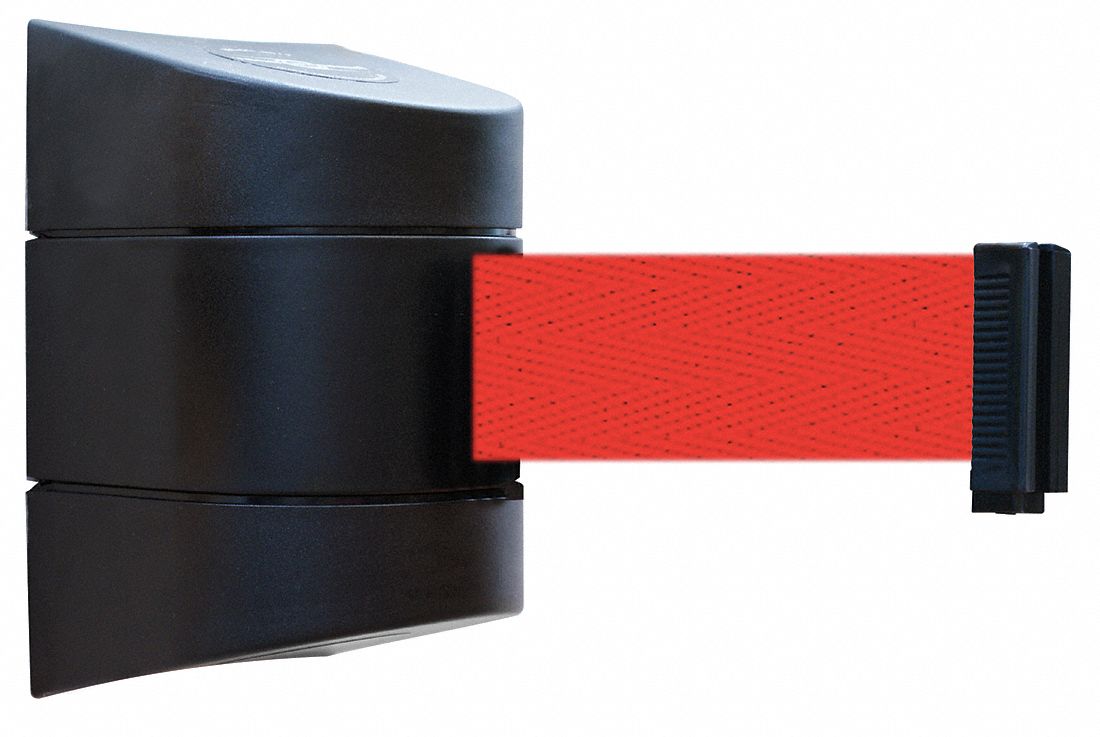 Retractable Belt Barrier: Fixed Mounting Plate, 15 ft Belt Lg, No Pattern, Red