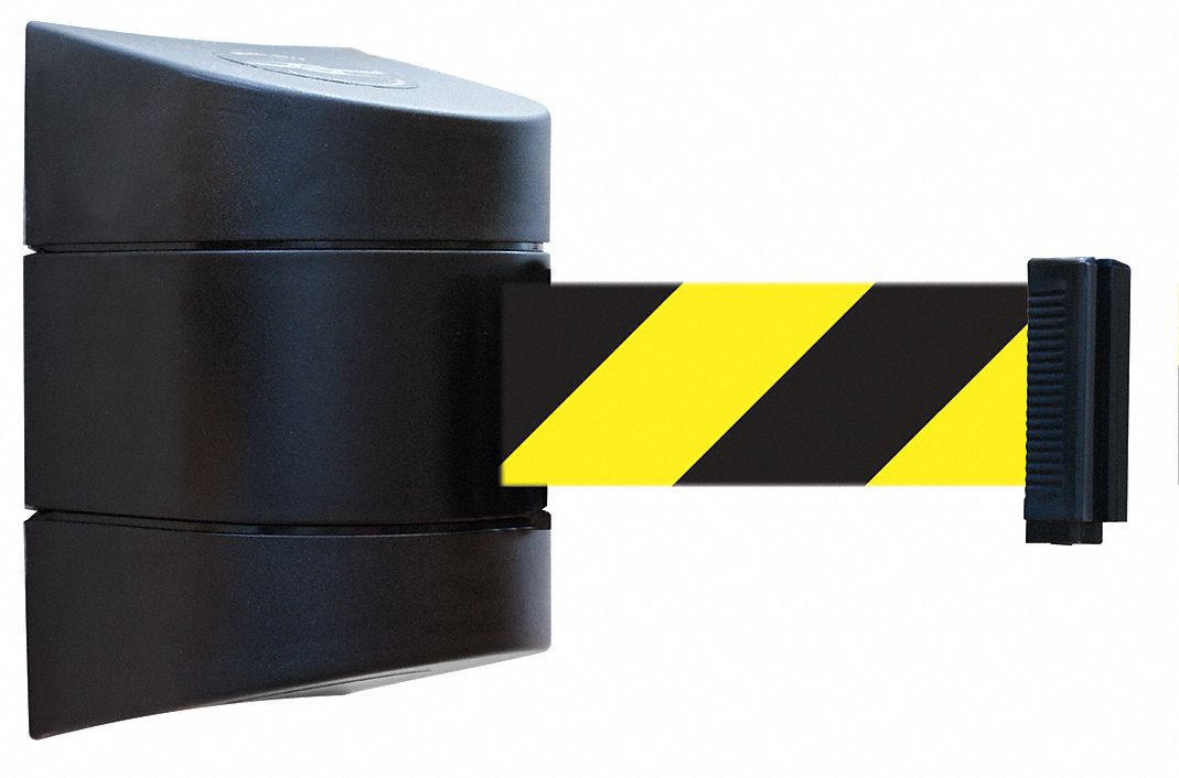 Retractable Belt Barrier: Fixed Mounting Plate, 15 ft Belt Lg, Pattern, Black/Yellow