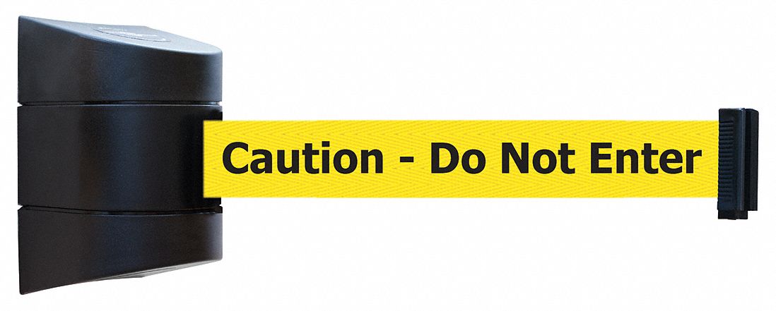 Retractable Belt Barrier: Fixed Mounting Plate, 15 ft Belt Lg, Caution Messaging