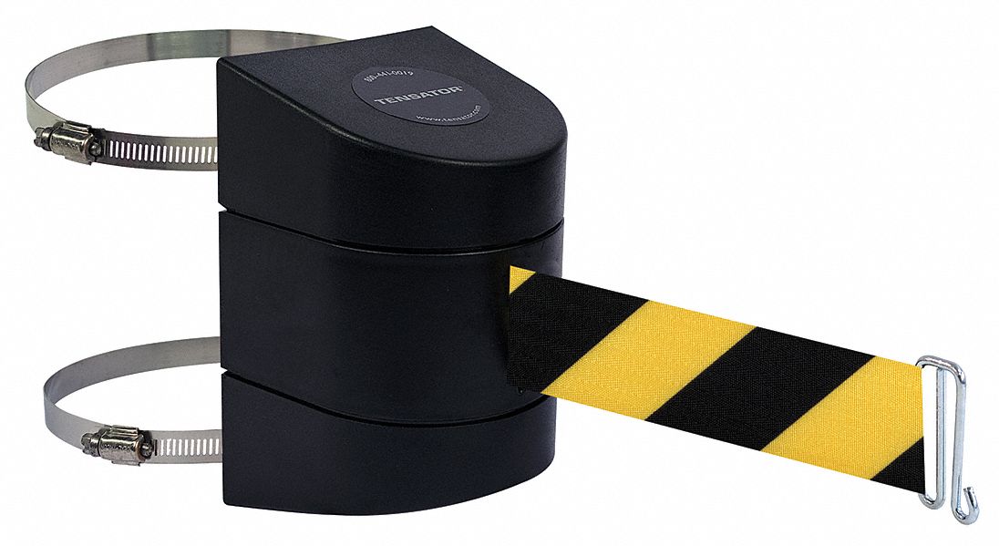 Retractable Belt Barrier: Hose Clamp Mounting Plate/Wire Clip, 15 ft Belt Lg, Pattern