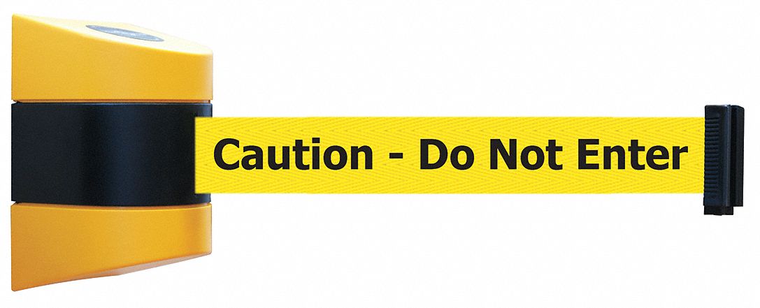 Retractable Belt Barrier: Fixed Mounting Plate, 15 ft Belt Lg, Caution Messaging