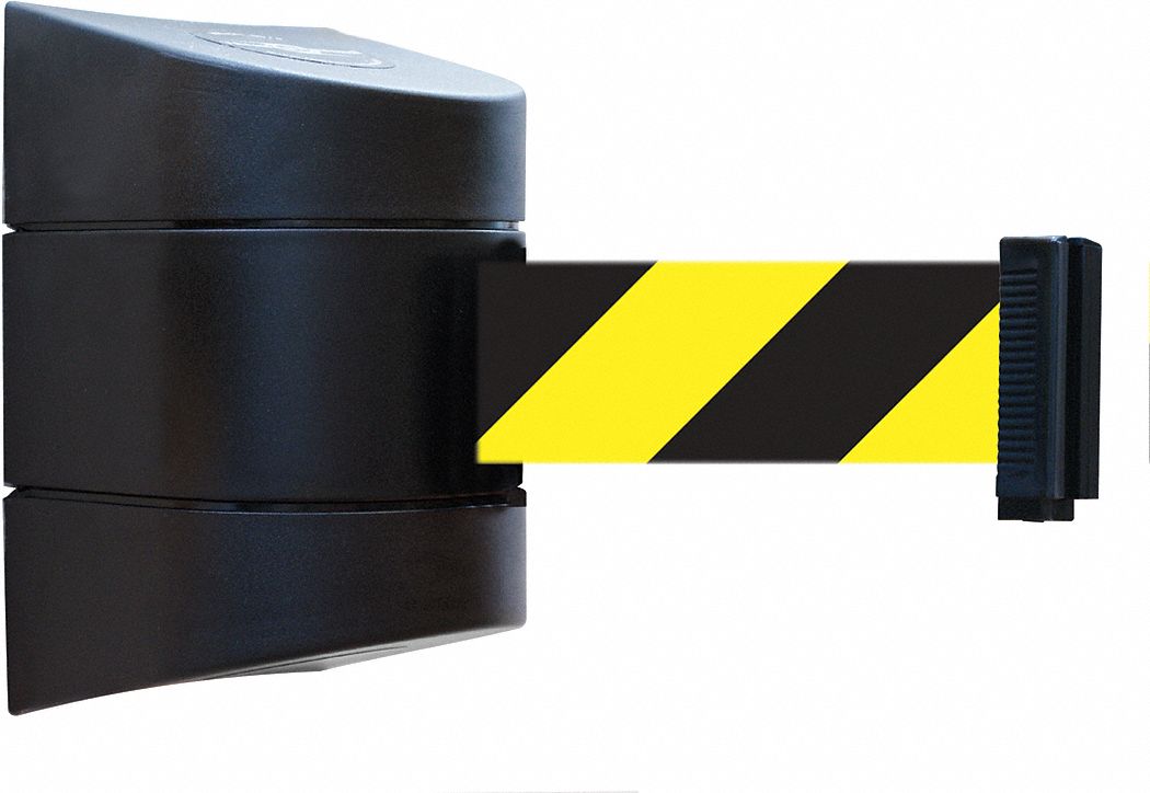 Retractable Belt Barrier: Fixed Mounting Plate, 24 ft Belt Lg, Pattern, Black/Yellow