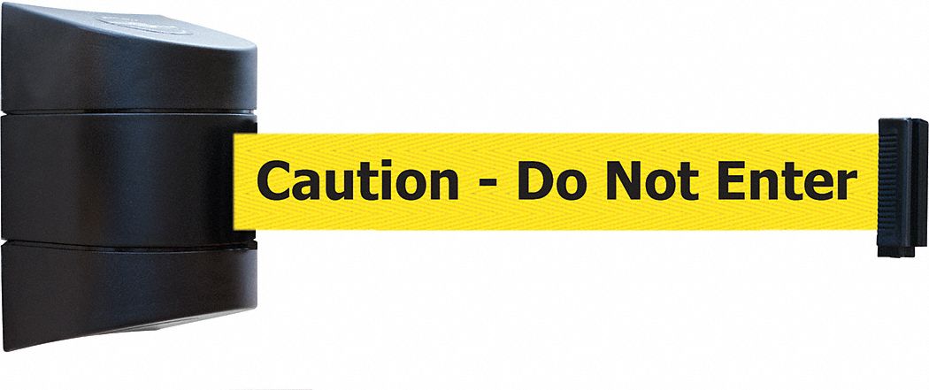 Retractable Belt Barrier: Fixed Mounting Plate, 24 ft Belt Lg, Caution Messaging