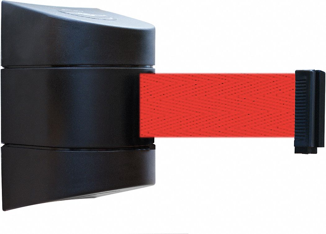 Retractable Belt Barrier: Fixed Mounting Plate, 30 ft Belt Lg, No Pattern, Red