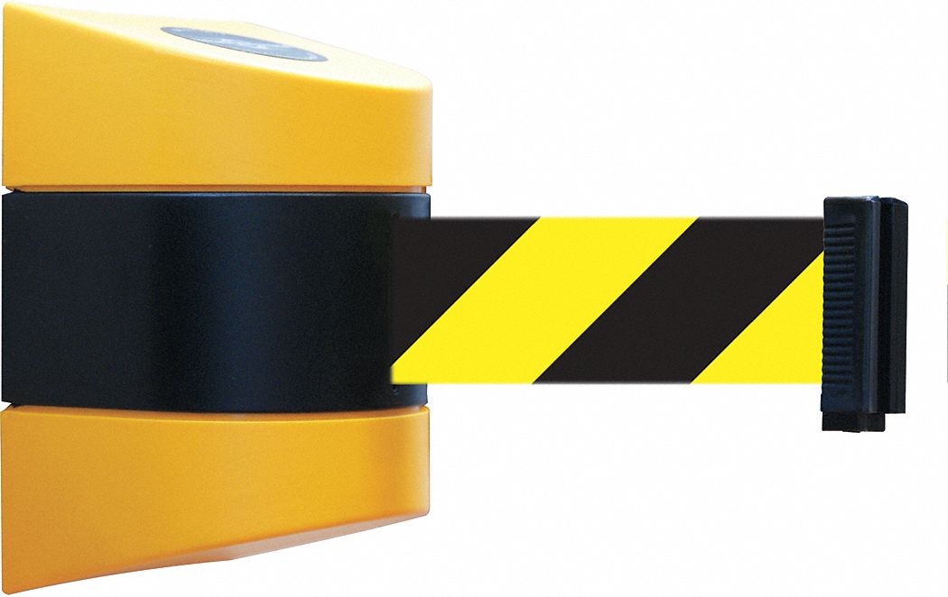 Retractable Belt Barrier: Fixed Mounting Plate, 30 ft Belt Lg, Pattern, Black/Yellow