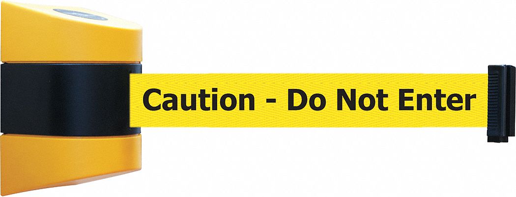 Retractable Belt Barrier: Fixed Mounting Plate, 30 ft Belt Lg, Caution Messaging