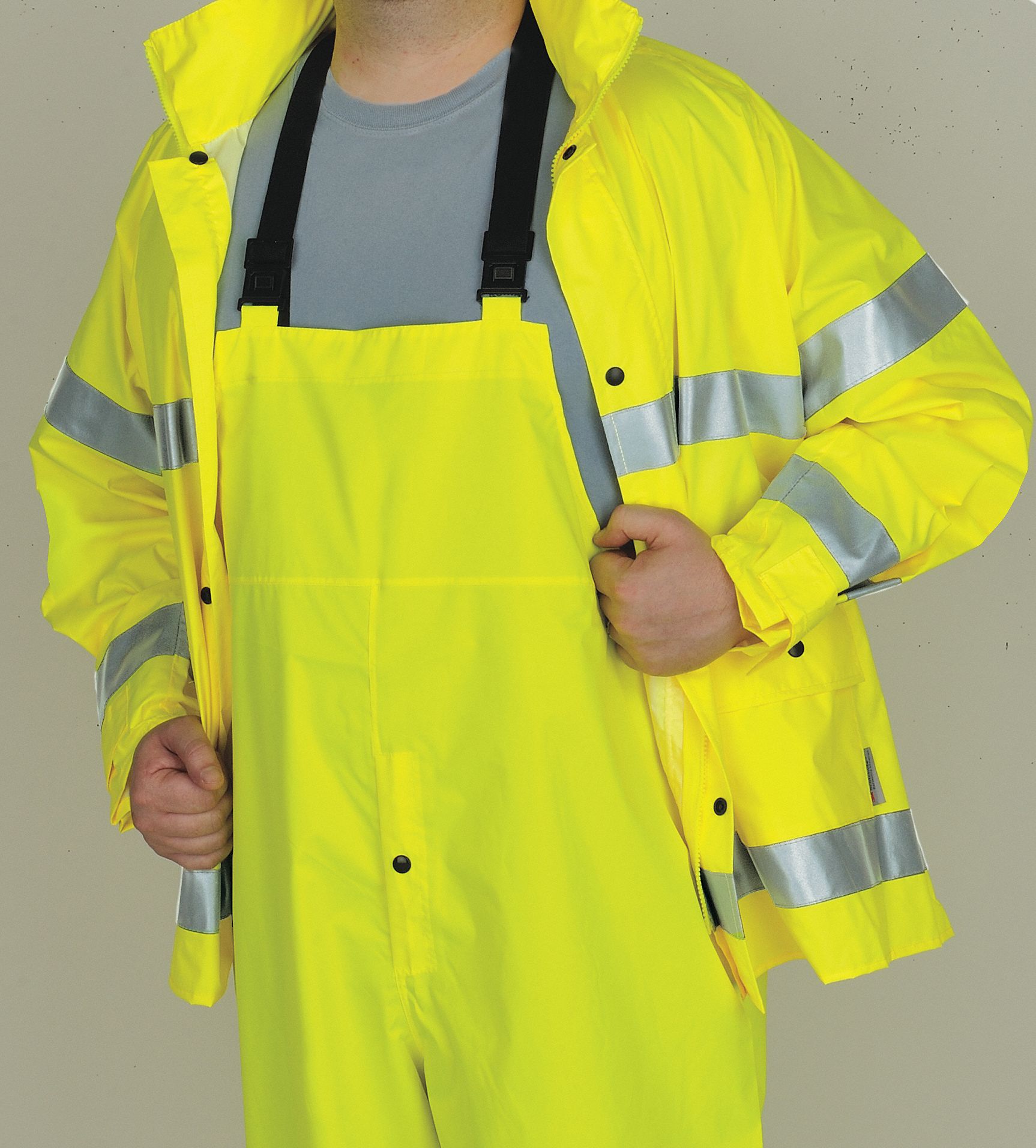GRAINGER APPROVED 2Piece Rain Suit with Jacket/Bib Overall, ANSI Class