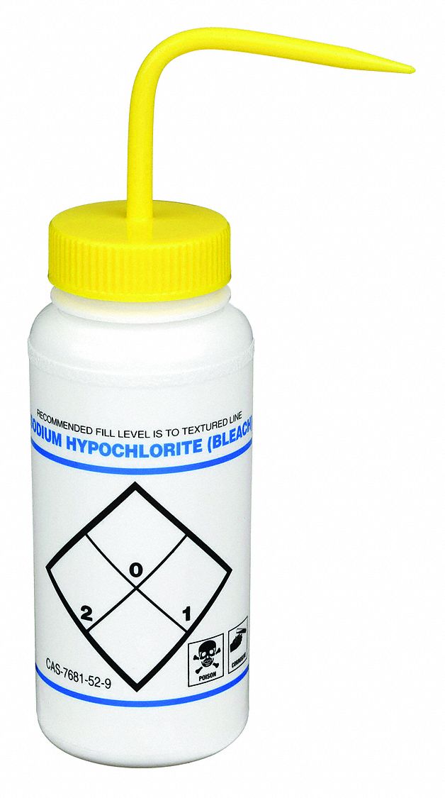 Wash Bottle, Std, 16 oz, Bleach, Yellow, PK6
