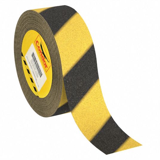 Anti-Slip Tape: Coarse, 60 Grit Size, Striped, Black/Yellow, 2 in x 60 ft,  32 mil Tape Thick, Paper