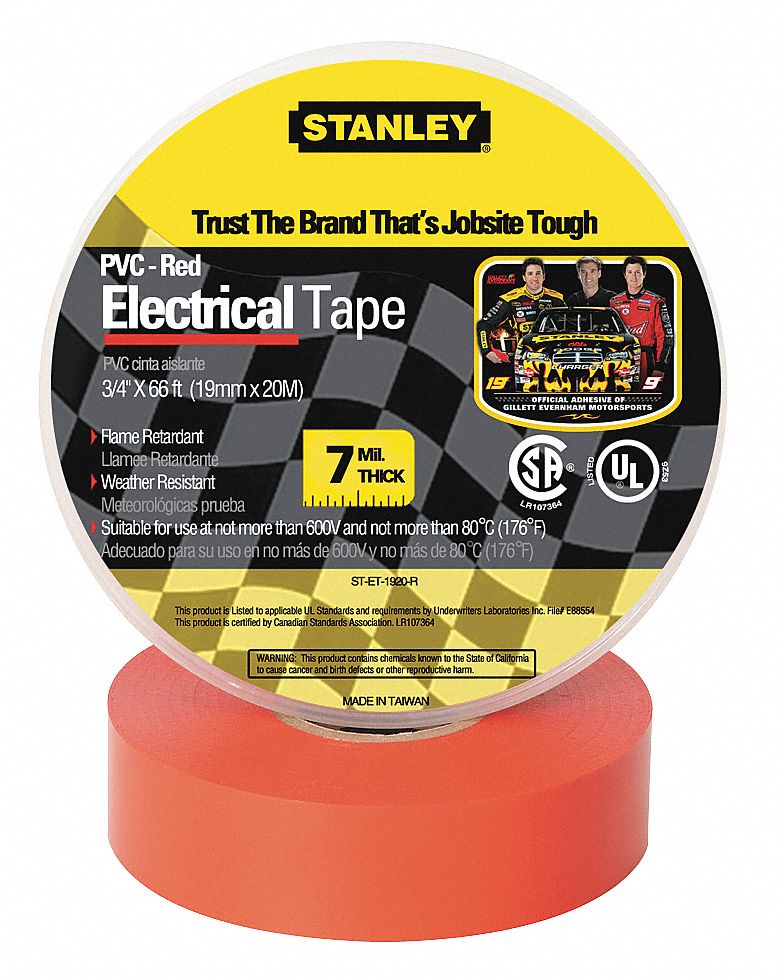 Electrical Tape, Vinyl, Red Grainger