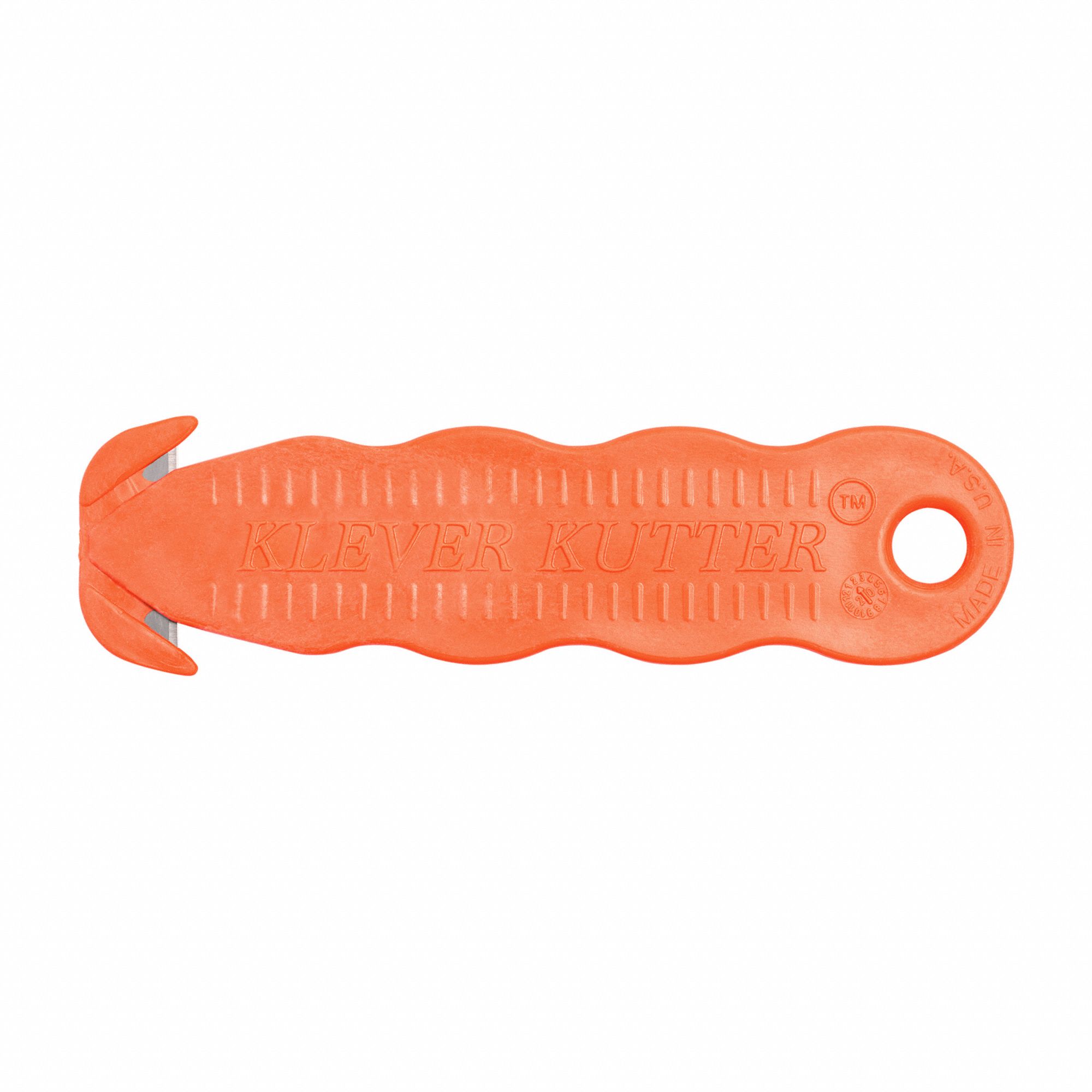 Safety Cutter: 4 5/8 in Overall Lg, Contoured Handle, Textured, Steel, Orange, 10 PK