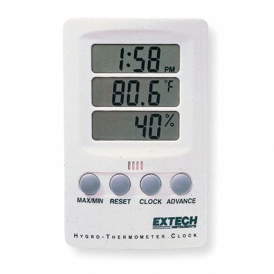 EXTECH Digital Hygrometer with Clock, 14° to 140°F/10° to 60°C, 10 to