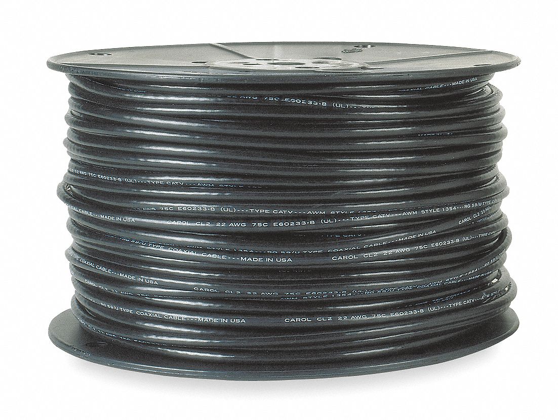CAROL Coaxial Cable, 1,000 ft Length, 20 AWG Conductor Size, Black, PVC