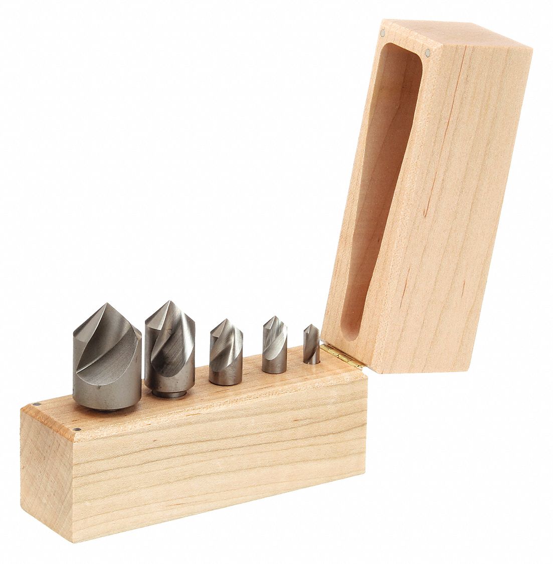 Countersink Set: 90°, 5 Pc, 1/4 in to 1 in, 1 Flute, Cobalt