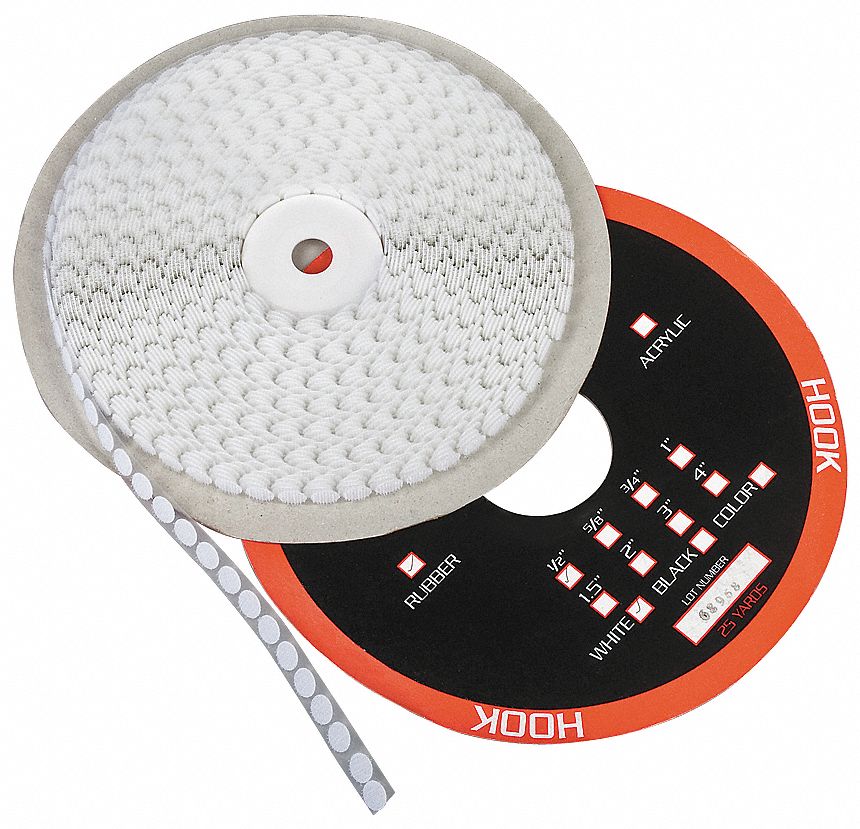 Hook-and-Loop Fastener: Disc, 1/2 in Overall Dia, Loop, White, Adhesive, Rubber, Std