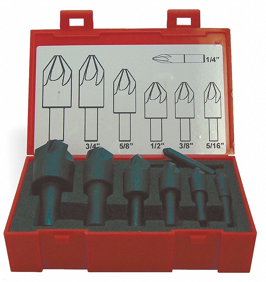 Countersink Set: Carbide, Bright (Uncoated) Finish, 1/4 in Smallest Body Dia., 5 Pieces