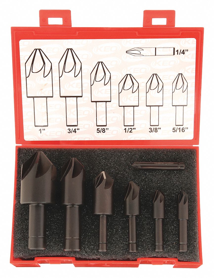 Countersink Set: 90°, 7 Pc, 1/4 in to 1 in, 6 Flute, Cobalt
