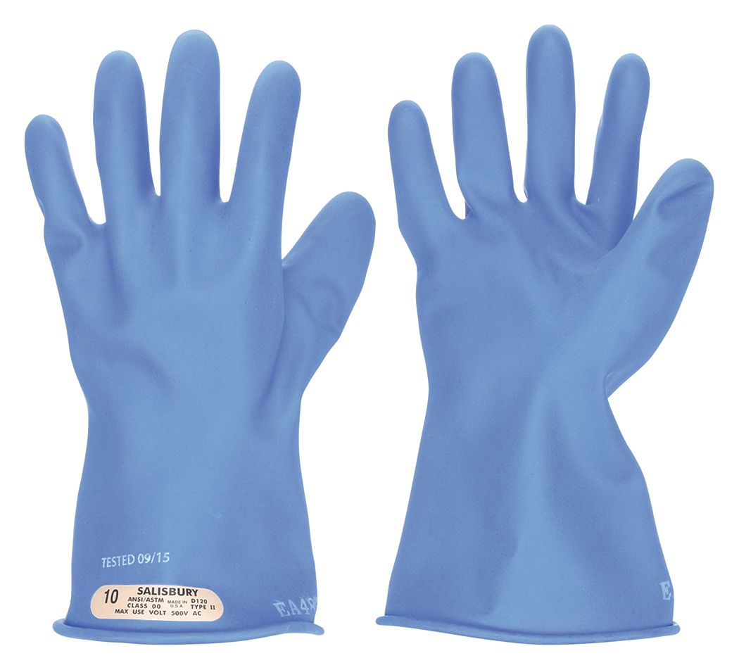 ELECTRICAL INSULATING GLOVES,500V AC/750V DC, 11 IN L, STRAIGHT CUFF, BL, CLASS 00