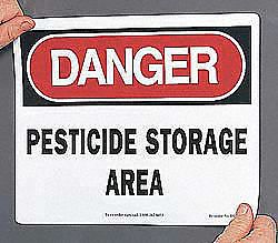 DANGER SIGN, PLASTIC, PESTICIDE STORAGE AREA, HEADER DANGER, RECTANGLE, 10 IN HEIGHT, 14 IN WIDTH, MOUNTING HOLES, WHITE