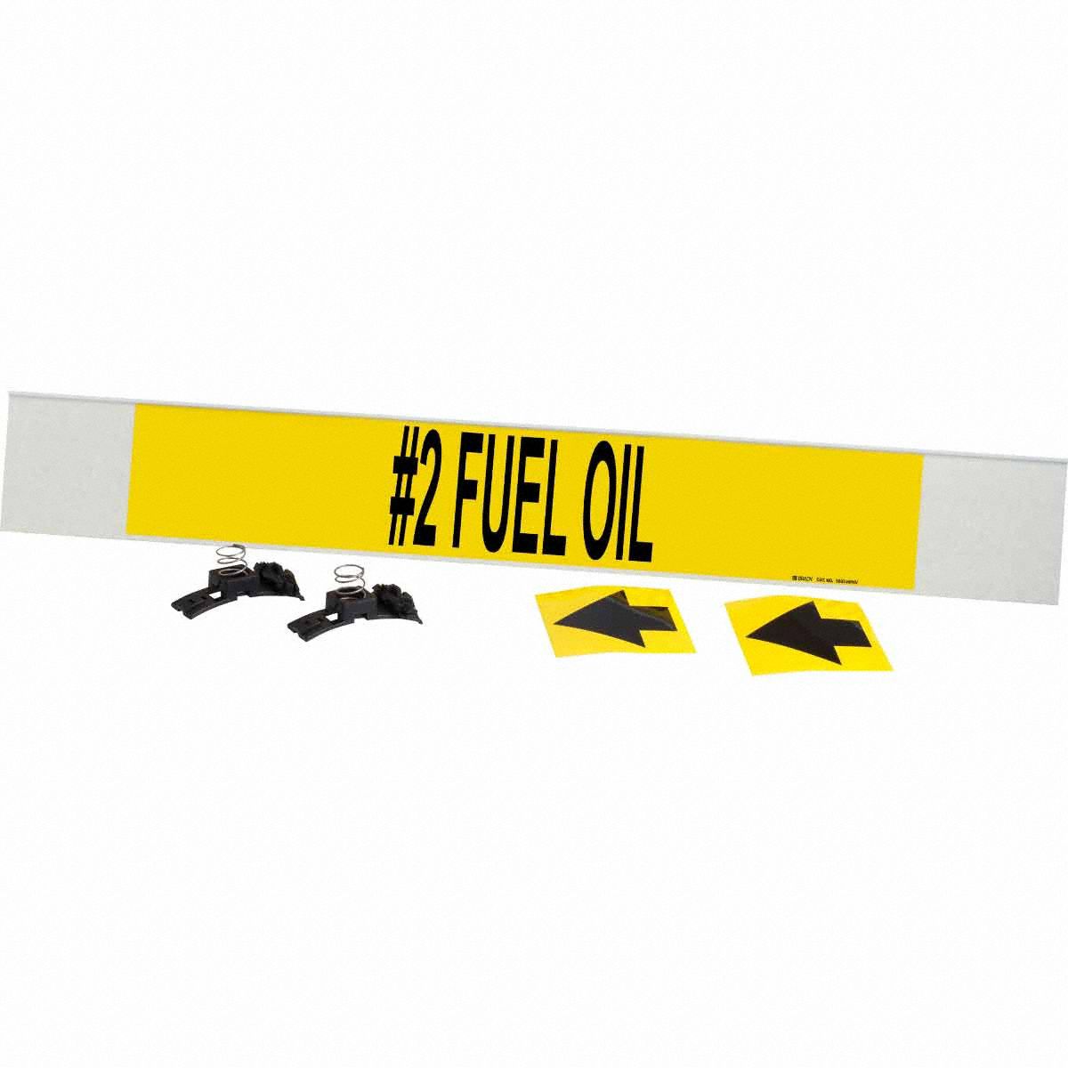 Pipe Marker: #2 Fuel Oil, Yellow, Black, Fits 8 in and Larger Pipe O.D., 1 Pipe Markers, With Arrows