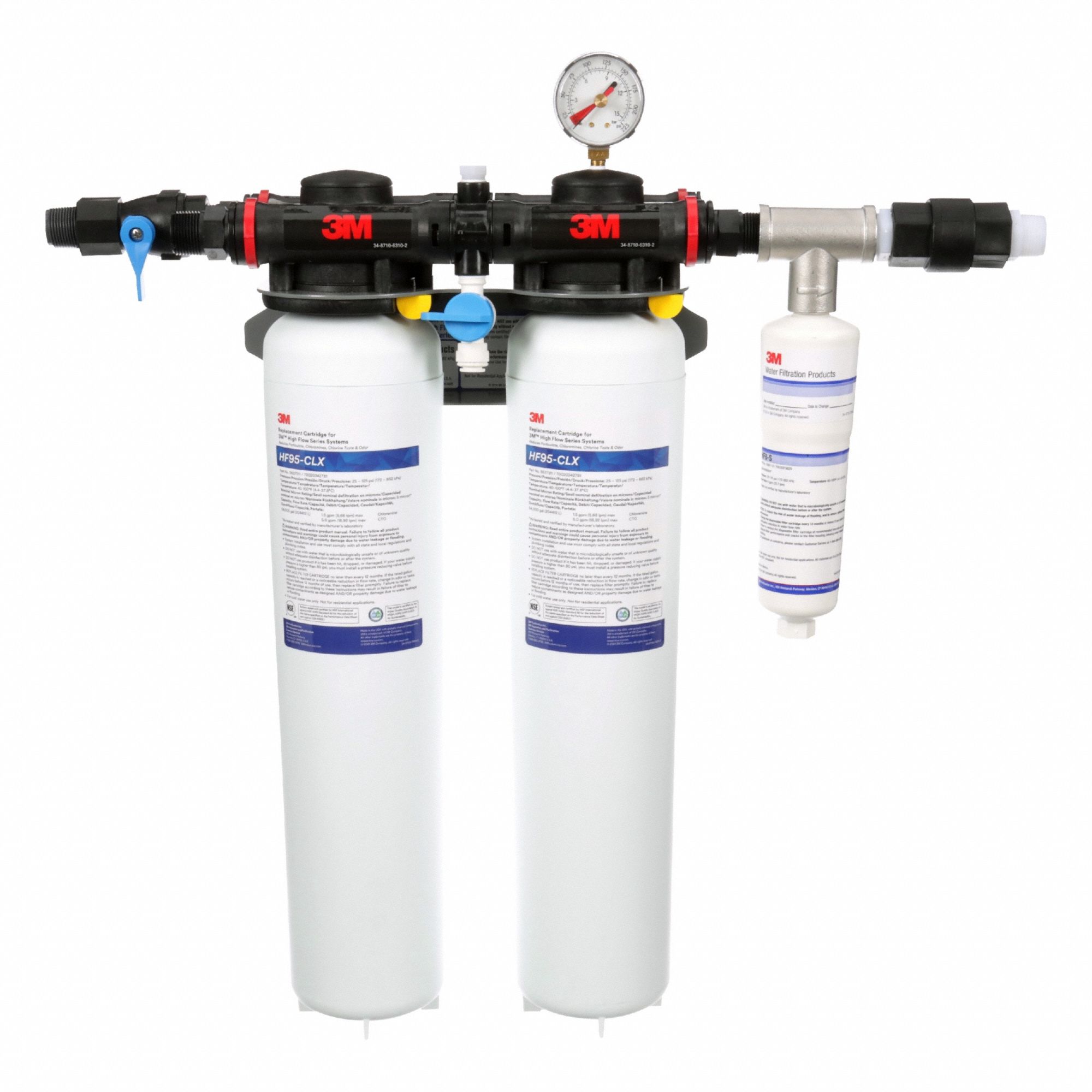 Water Filter System: 5 micron, 10 gpm, NPT, 24 in Overall Ht, 108, 000 gal, 3 Filters Included