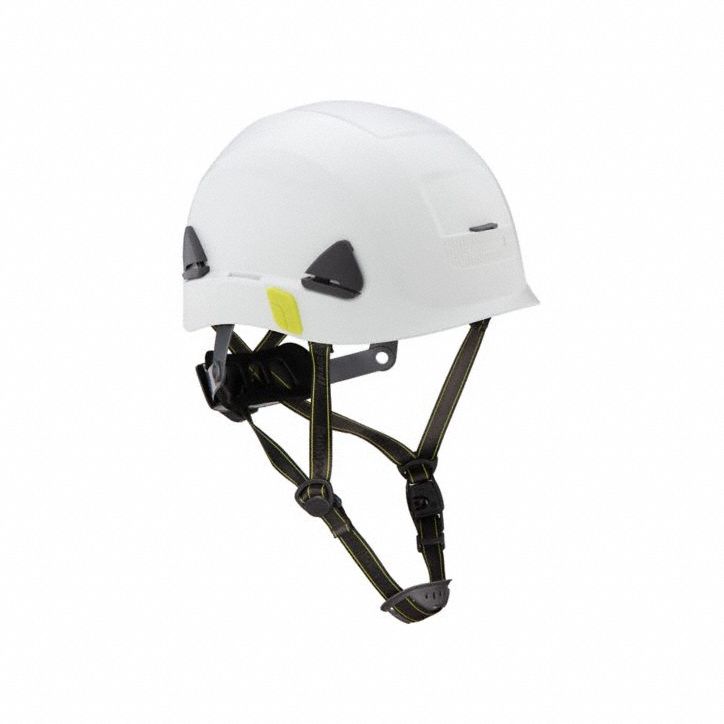 Climbing Helmet: White, No Graphics, Ratchet (8-Point), Ratchet, Polyethylene, Side-Slots