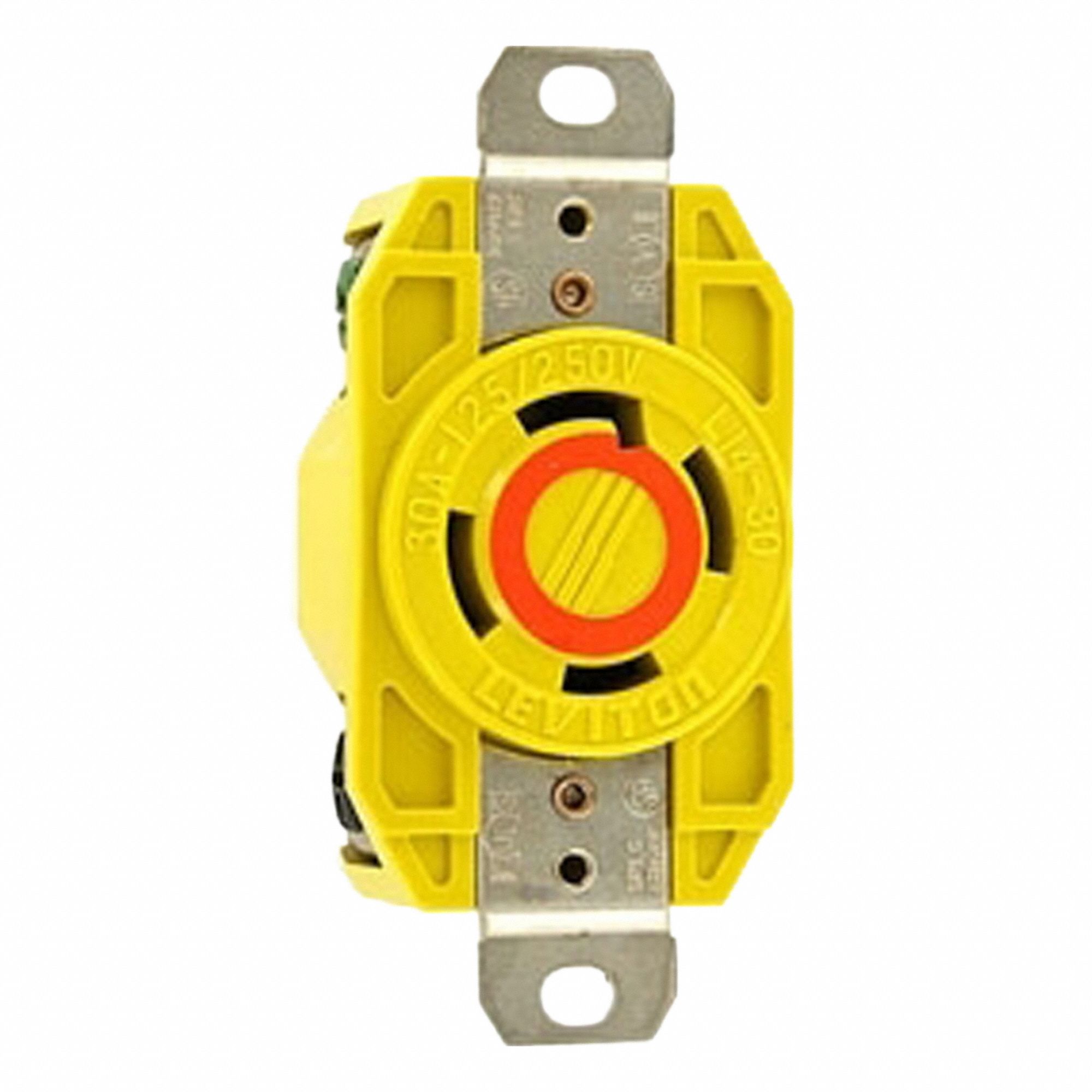 Flush Mounting Lock Receptacle: L14-30R, 30 A, 125/250V AC, Yellow, 3 Poles, Shrouded
