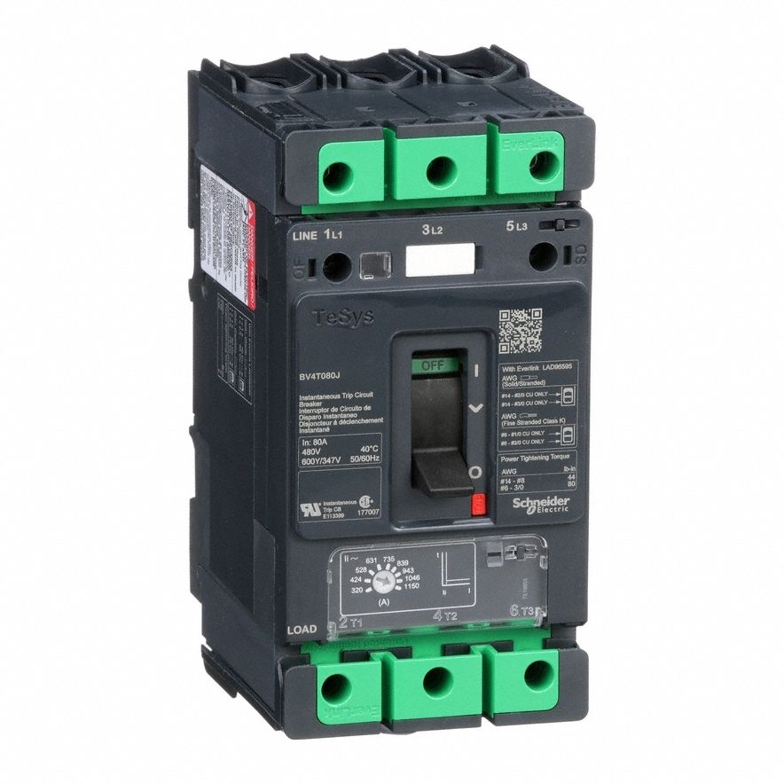 Motor Circuit Protector: 80 A Amps, Adj, Plug-In, 320 A Low Amp Trip Setting, 3 Poles