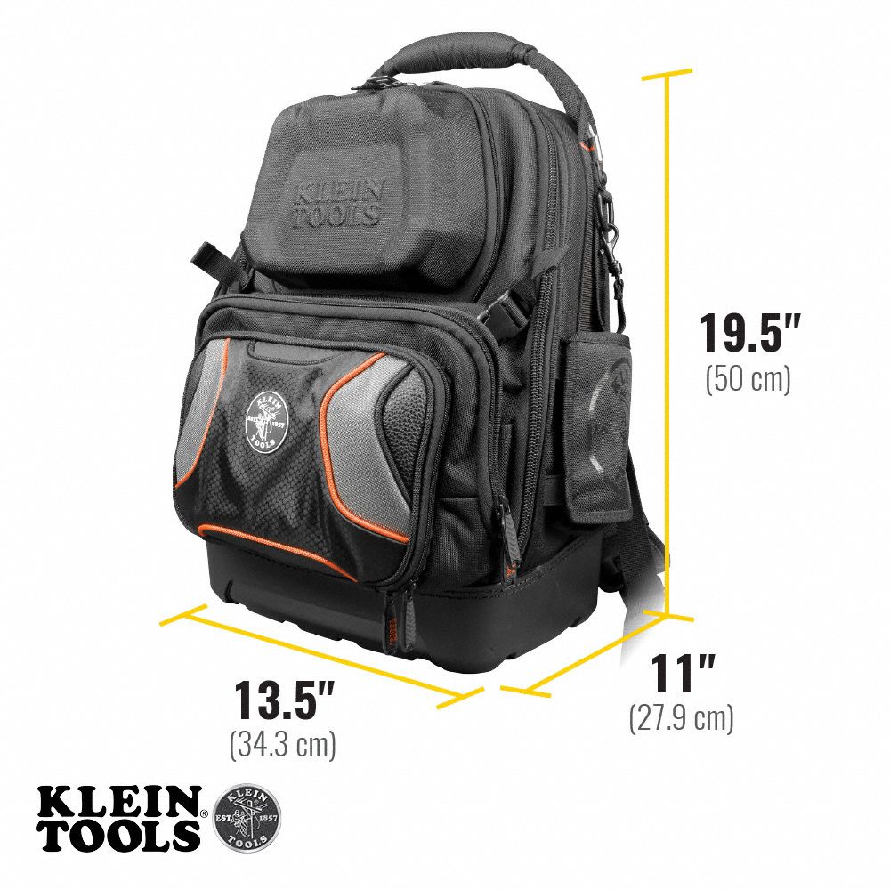 Tool Backpack: 13 1/2 in W 11 in D 19 1/2 in H, Polyester, Black, 36 Inside Pockets