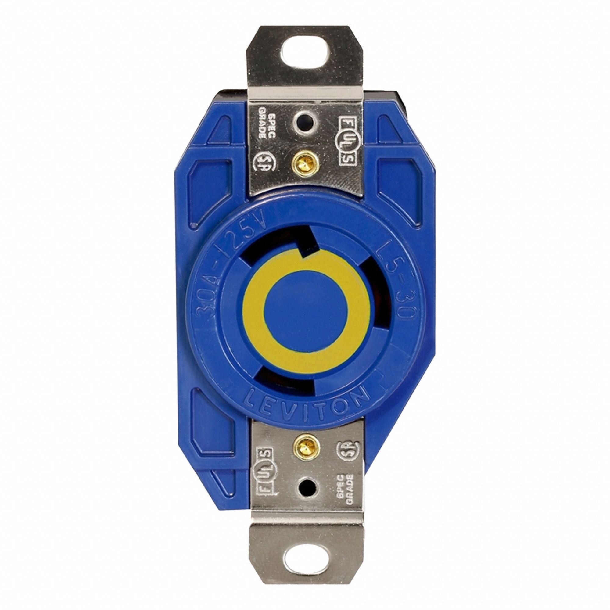 Flush Mounting Lock Receptacle: L5-30R, 30 A, 125V AC, Blue, 2 Poles, Shrouded