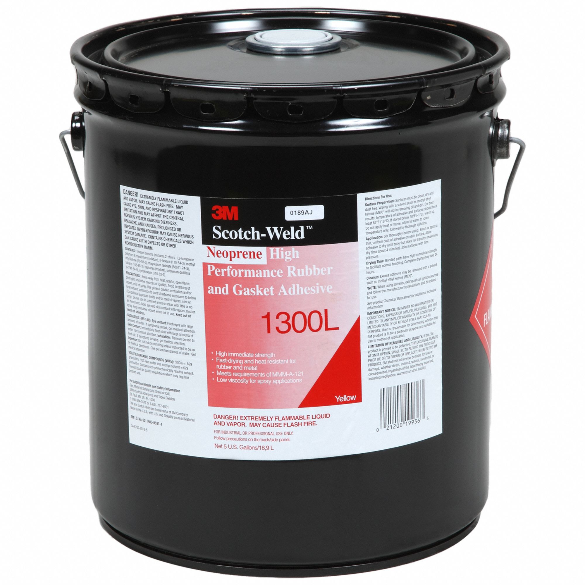 3M Gasket Adhesive 1300, 5 gal, Pail, Yellow, Water Resistant 25J626