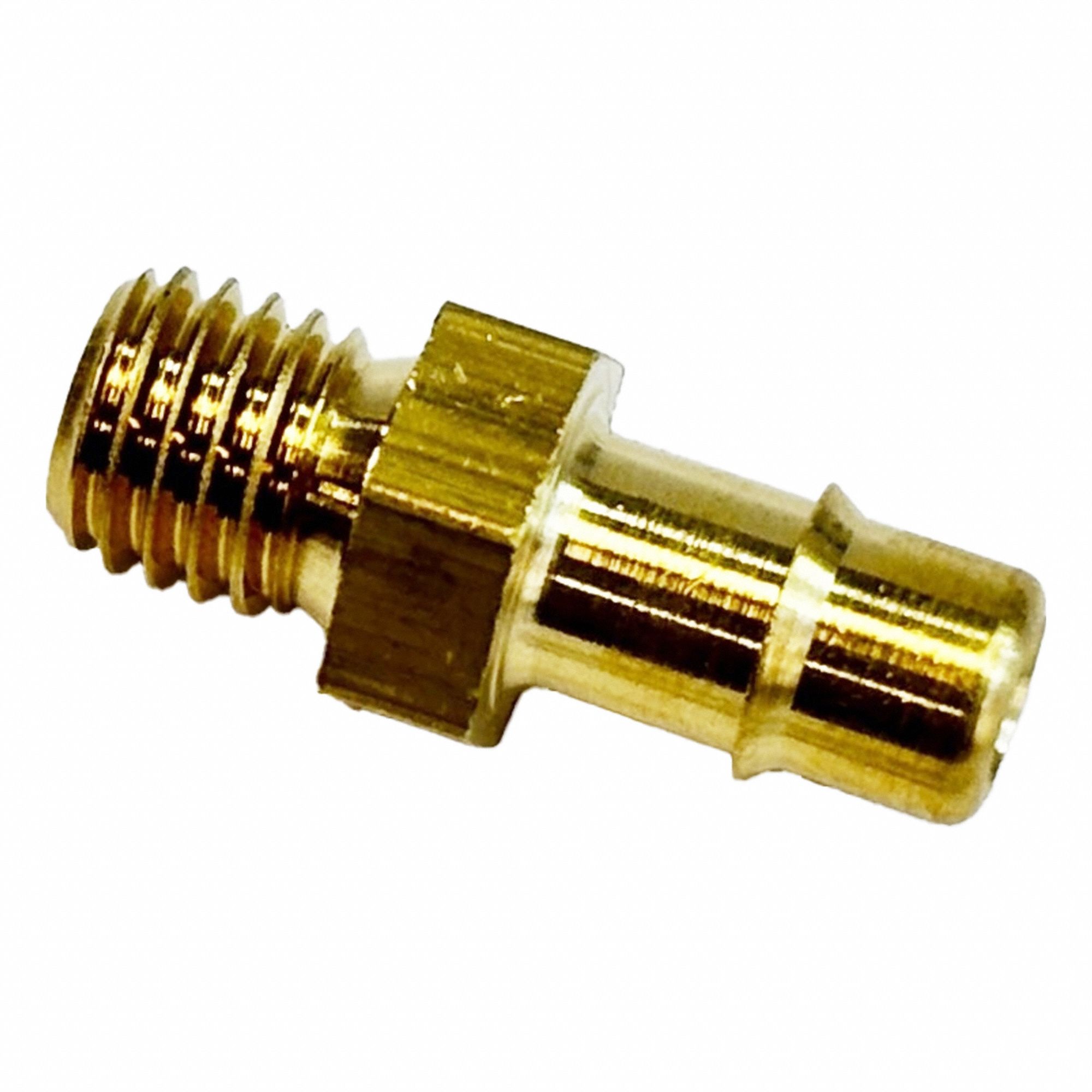 Mini Barb Fitting: 1/4 in ID x 3/16 in ID Size, Threaded x Tube, Brass, 3/4 in Overall Lg