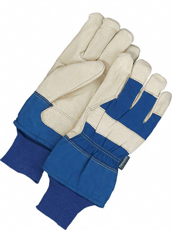 Leather Gloves: Universal, Premium, Work Glove, Pigskin, Wing Thumb, Knit Cuff, Blue, 1 PR