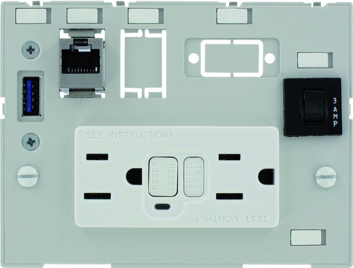 Combination Insert: RJ45 Cat5E/USB, (2) NEMA 5-15 GFCI, (1) 3A Fuse, 110 mm x 88 mm