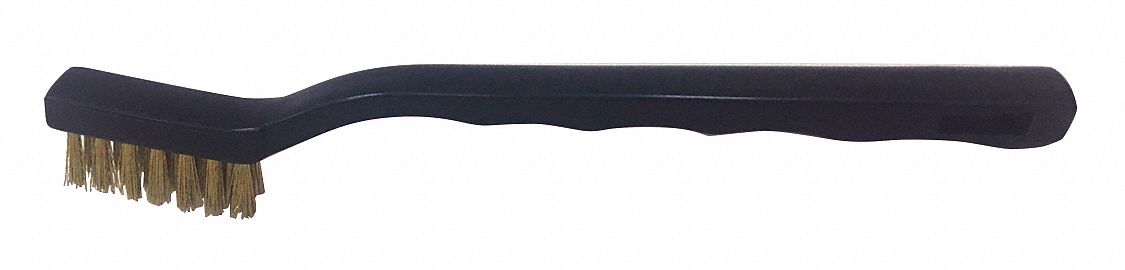 SCRATCH BRUSH, CURVED HANDLE, BRASS, PLASTIC, 1½ IN BRUSH L, 5⅜ IN HANDLE L