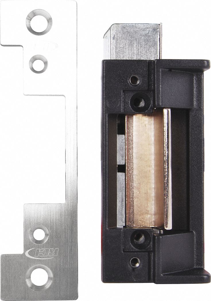 Electric Door Strike: 1 7/16 in Wd, 7 15/16 in Ht, Cylindrical/Mortise, Stainless Steel