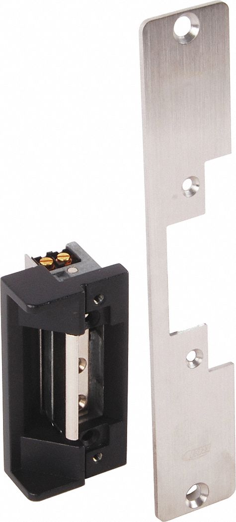 Electric Door Strike: 1 7/16 in Wd, 7 15/16 in Ht, Cylindrical/Mortise, Stainless Steel