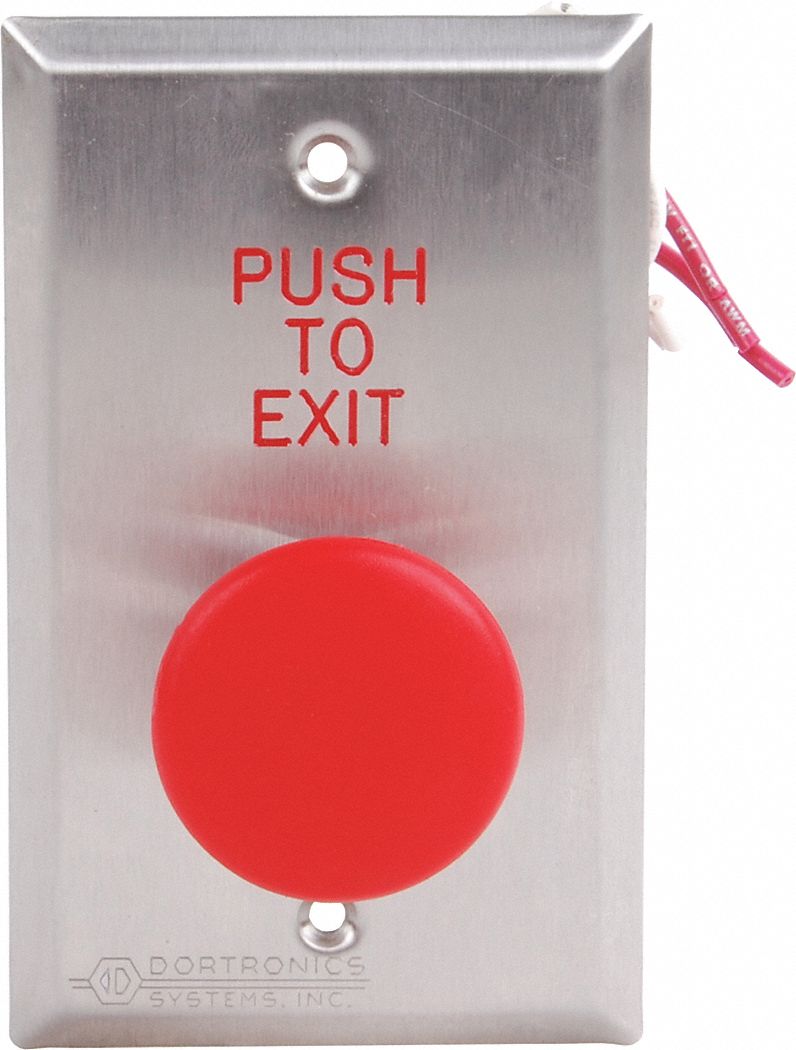 Exit Push Button: 4 1/2 in Ht, 2 3/4 in Wd, Silver, Gray