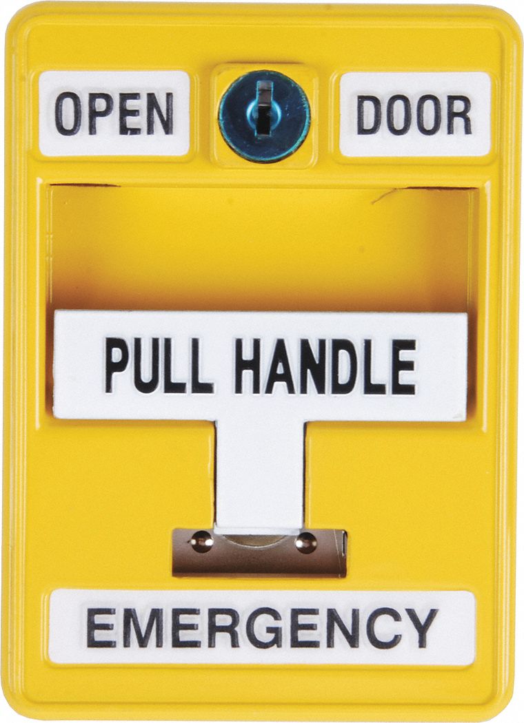 Emergency Door Release: 5 in Ht, 1 in Dp, 2 5/8 in Wd, Yellow, Yellow – Metal, Yellow