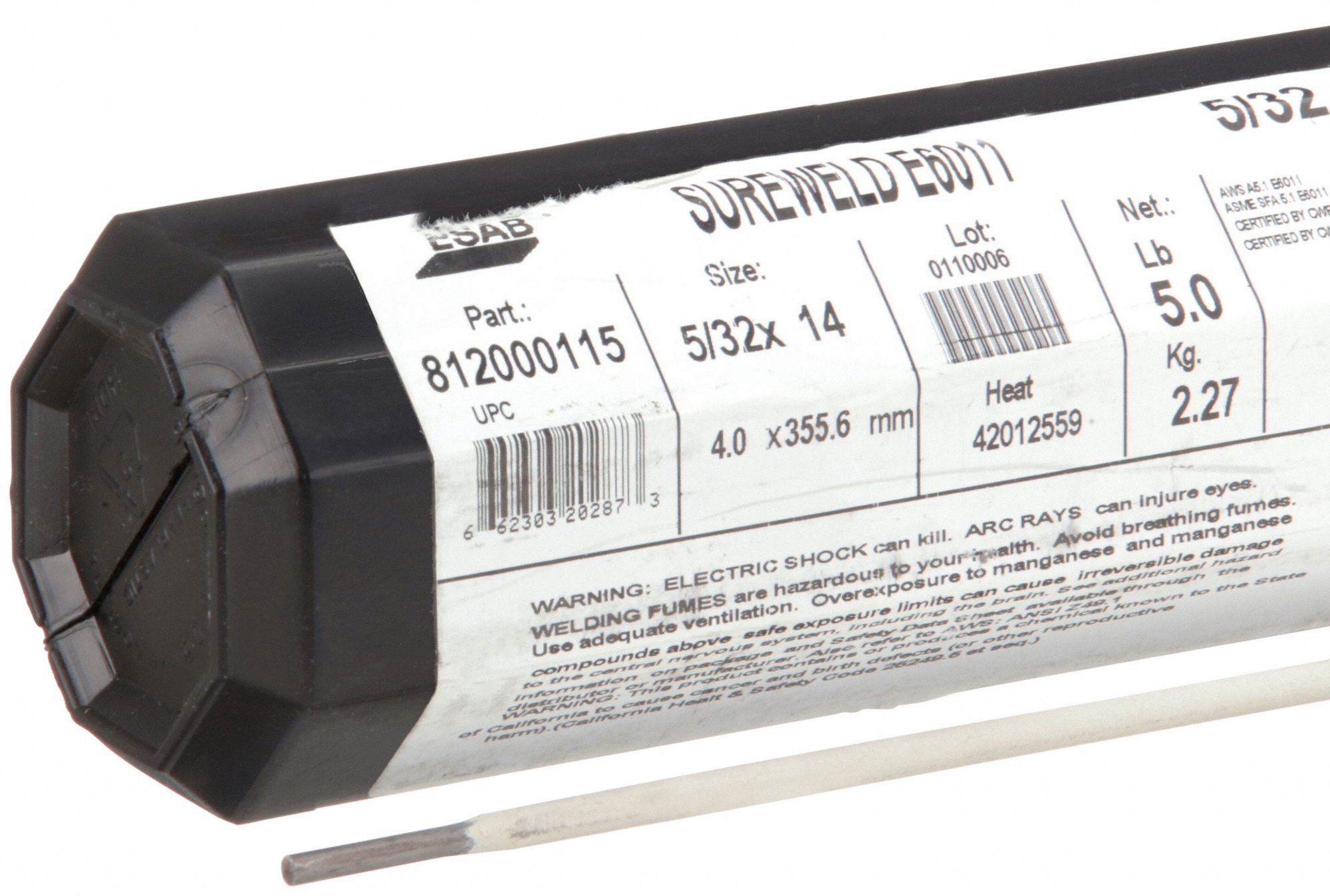 Stick Electrode: Carbon Steel, E6011, 5/32 in x 14 in, 5 lb, Sureweld 6011