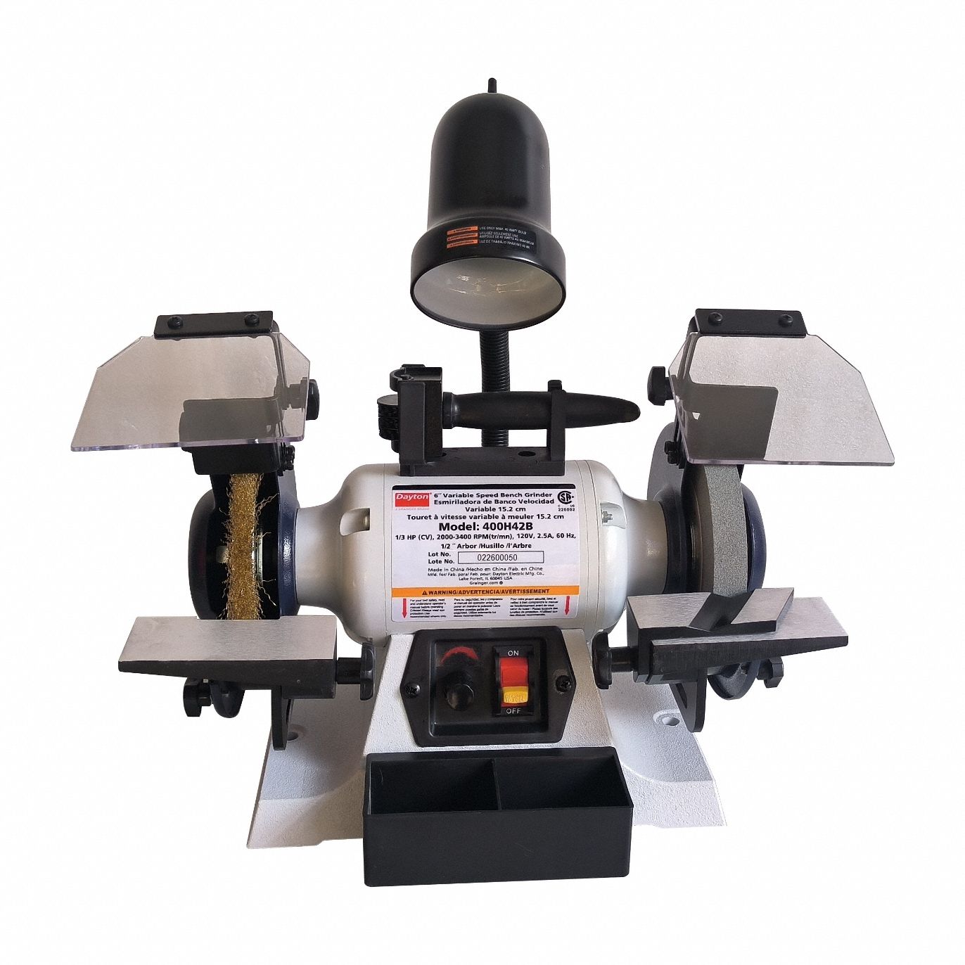 Bench Grinder: Variable Speed, 1/3 hp, 6 in Max Wheel Dia, 2, 000 RPM to 3, 400 RPM, 120V AC
