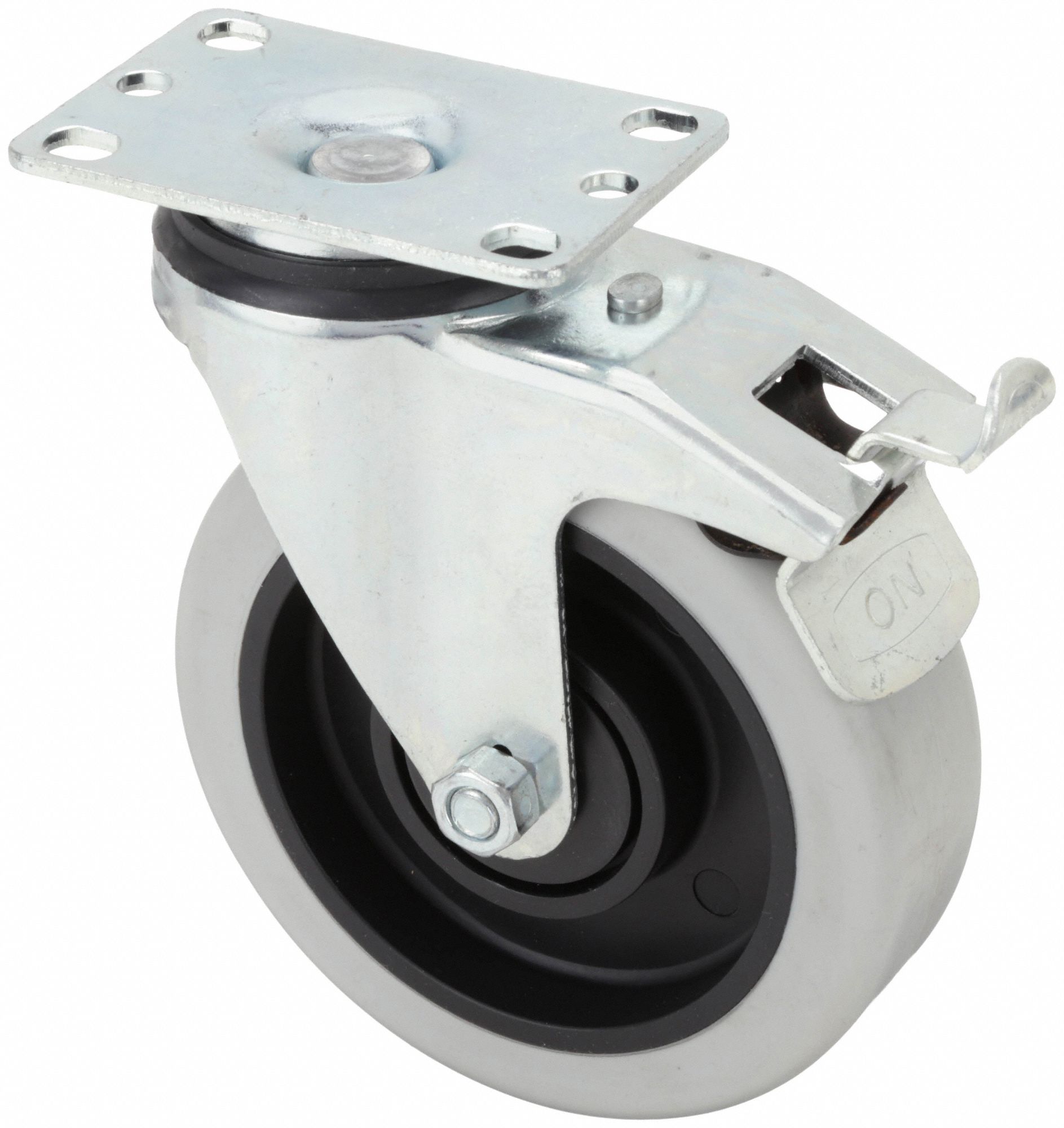 Plate Caster: Swivel, Rubber, 5 in Wheel Dia, 1 1/2 in Wheel Wd, Light Duty, Ball