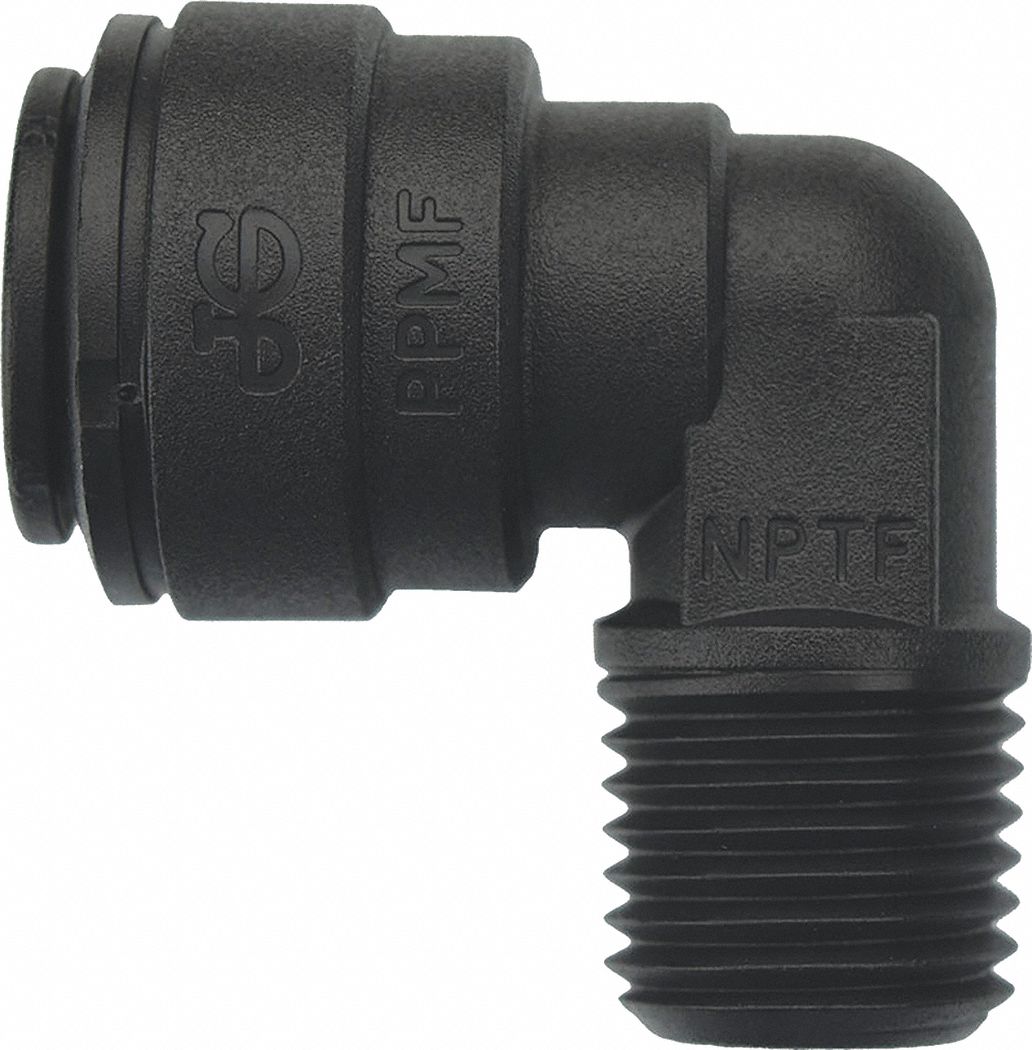 Push-Fit Elbow Fitting: 90° Elbow, 3/8 in OD 1/4 in Pipe Size, Polypropylene, EPDM, 10 PK